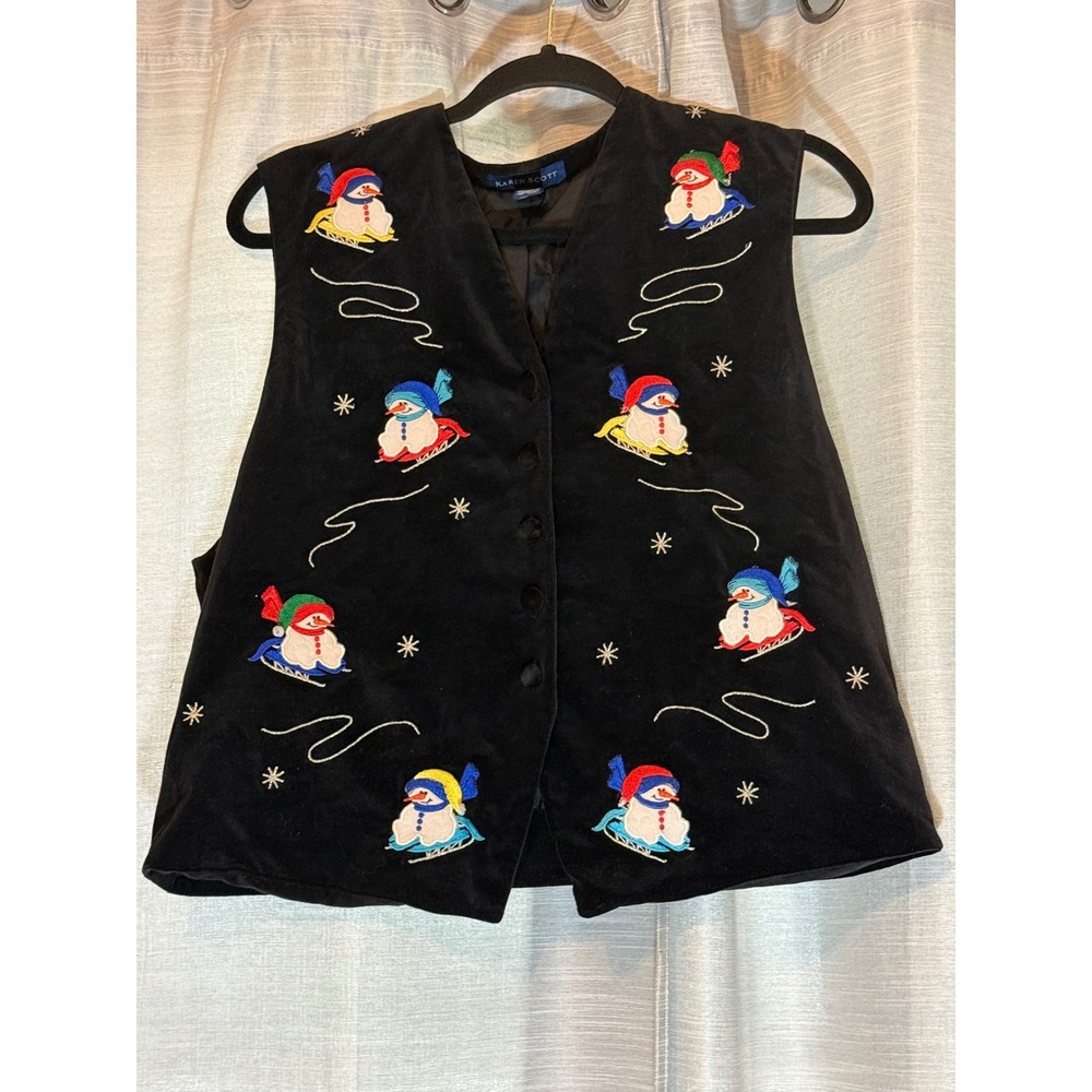 Karen Scott Christmas EMBROIDERED Black Velvet Holiday Snowmen Vest Sz L NWOT